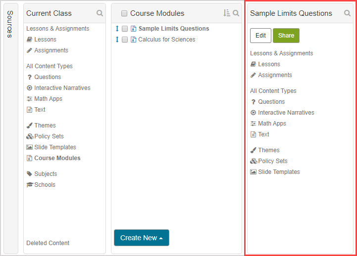 Under the Course Modules pane, Sample Module is selected. Pane on the right under Sample Module title is highlighted, including Lessons & Assignments and Questions.